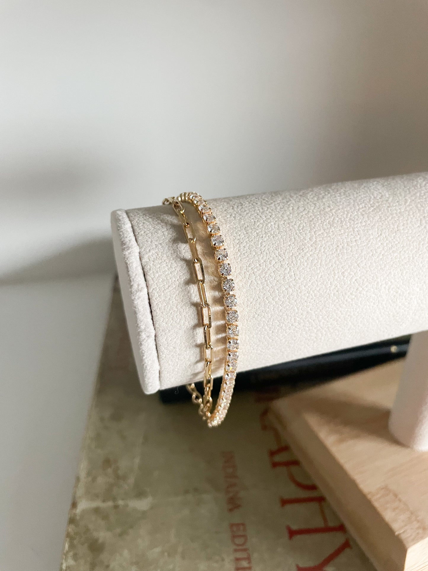 18K Gold Filled Stacked Paperclip Chain CZ Stones Bracelet