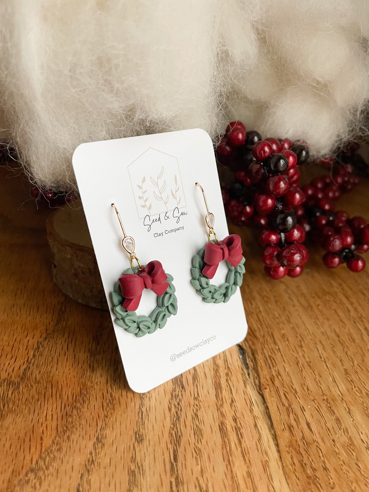 Wreath with Red Bow on Cz ear Wire