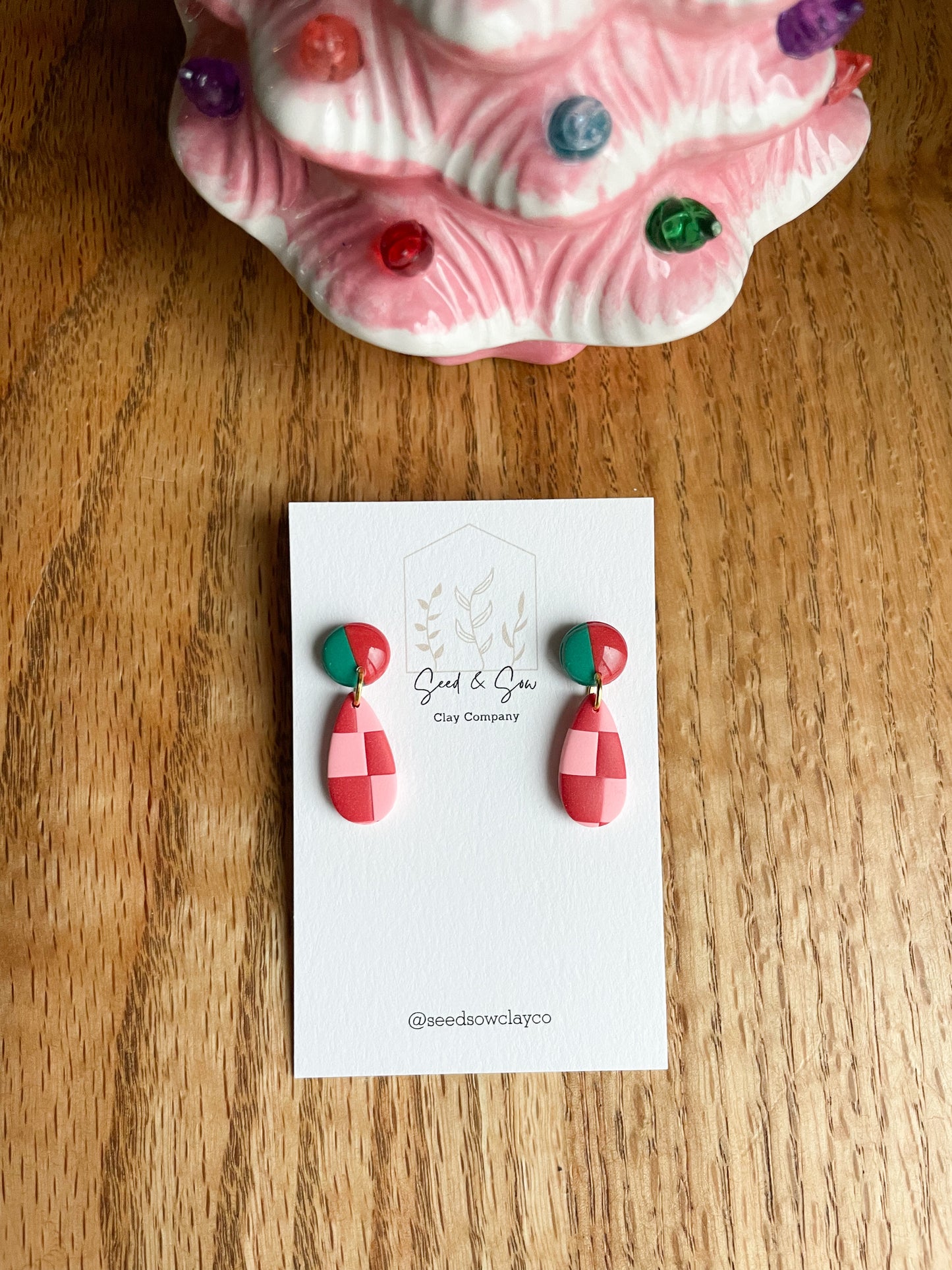 Pink and Red Checker on Red and Green Shine stud Dangle