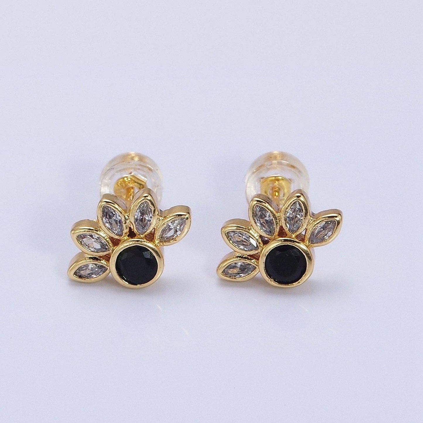 14K Gold Filled Black Clear CZ Marquise Sun Stud Earrings