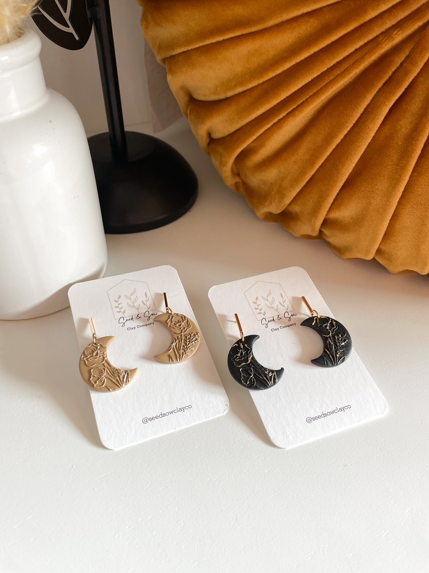 Floral Embossed Crescent Moon with Gold Detail (Black or Tan)