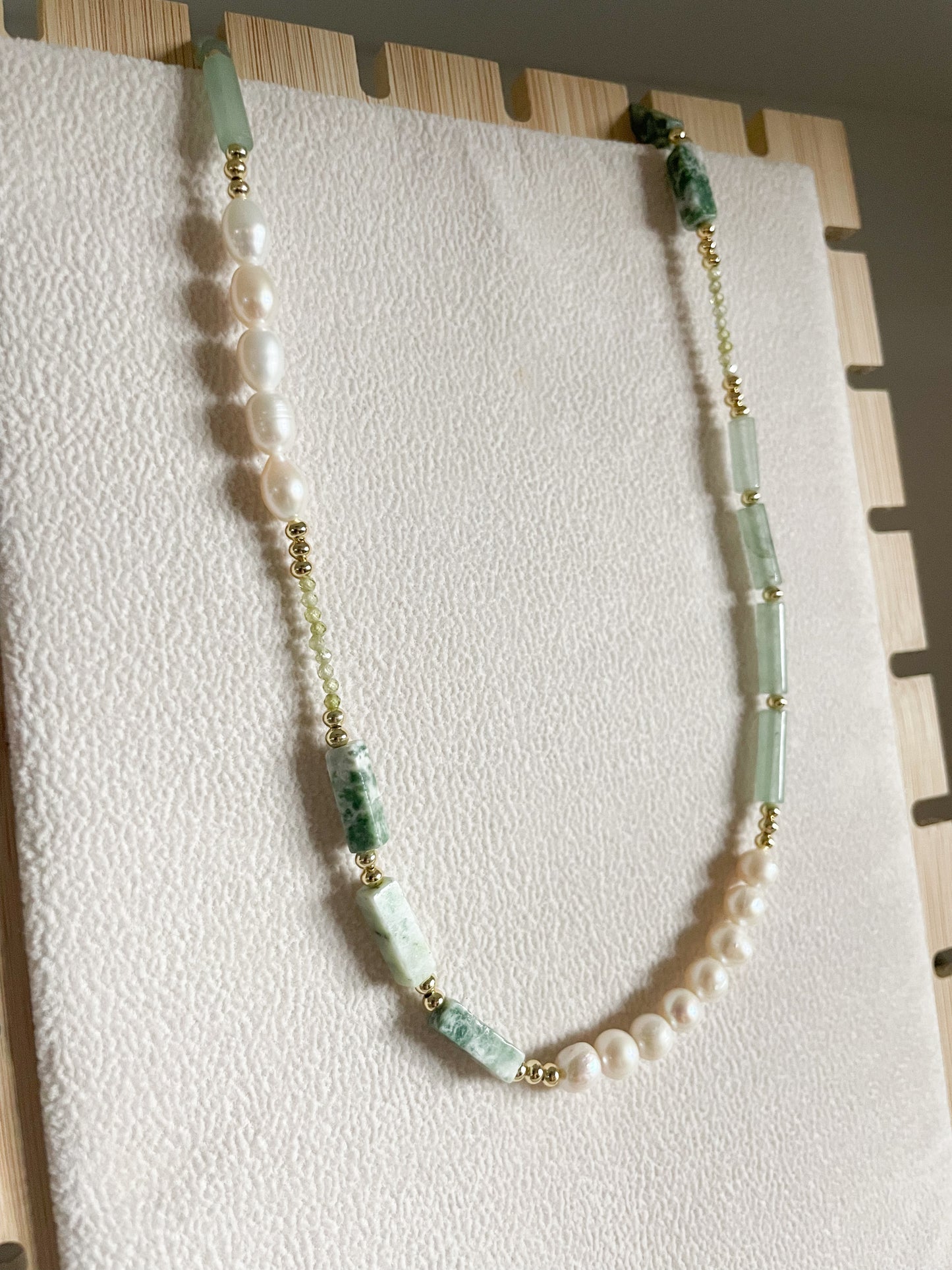 Handmade Green Jade Bead Chain Necklace with Freshwater Pearl