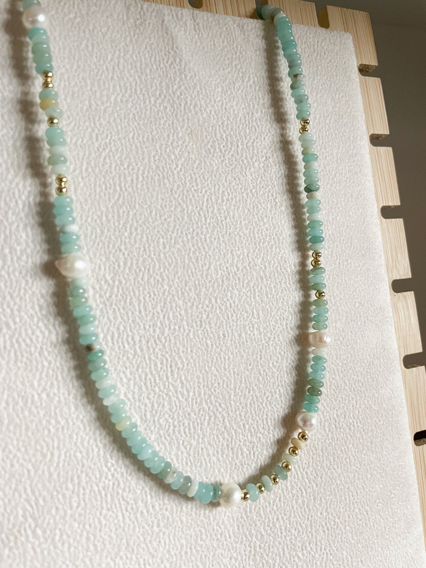 Handmade Green Amazonite Rondell Beaded Chain Necklace with Fresh Water Pearl