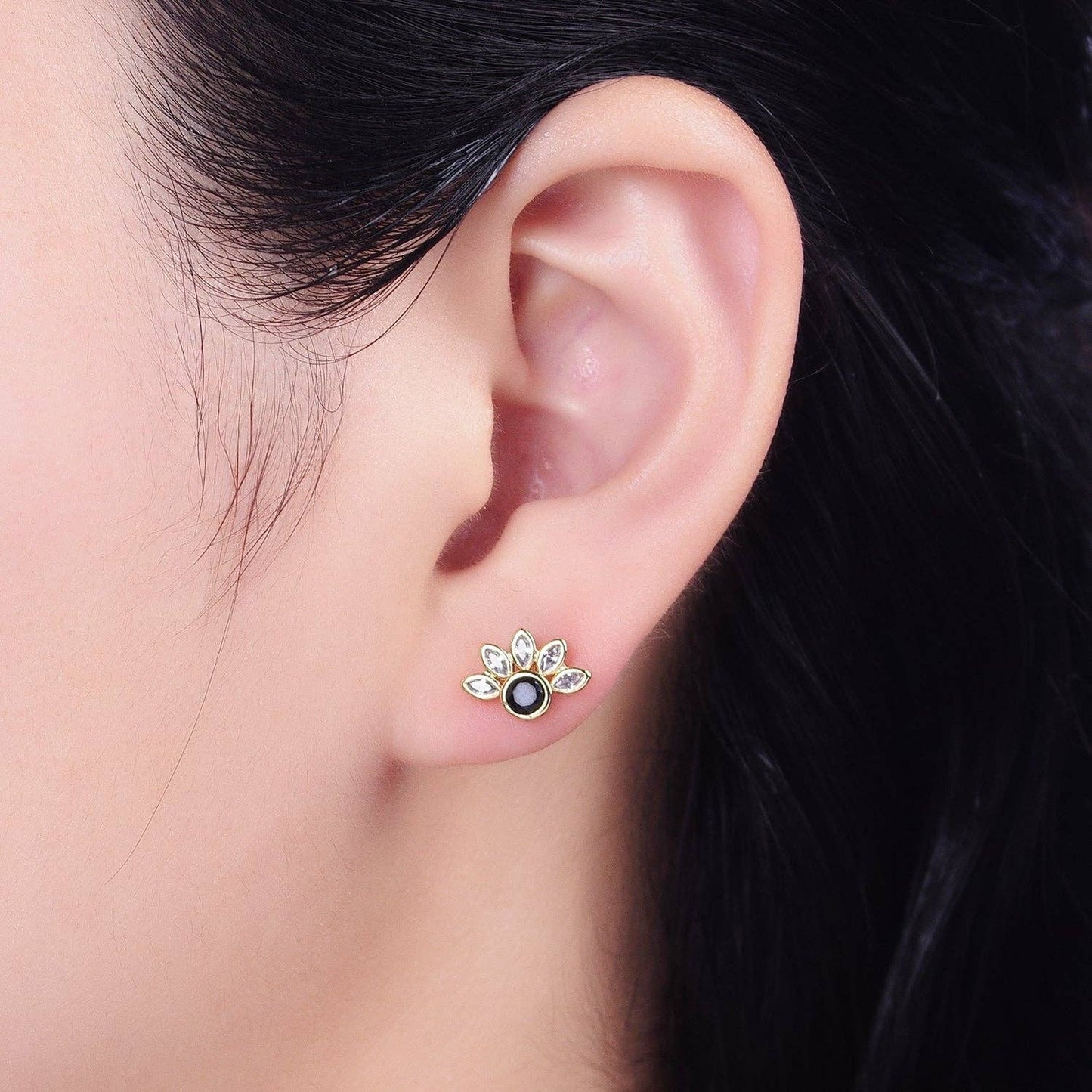 14K Gold Filled Black Clear CZ Marquise Sun Stud Earrings