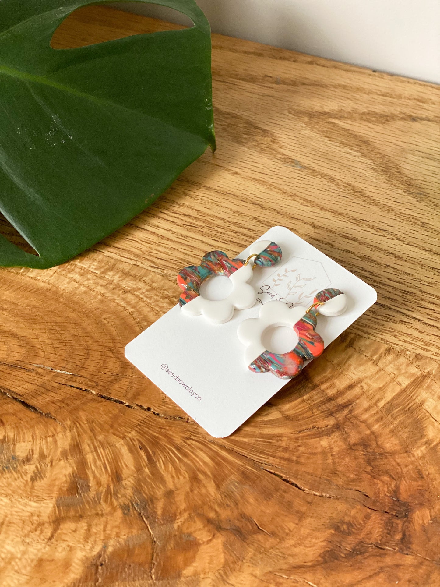 Neon Summer Marble & White Flower Dangle