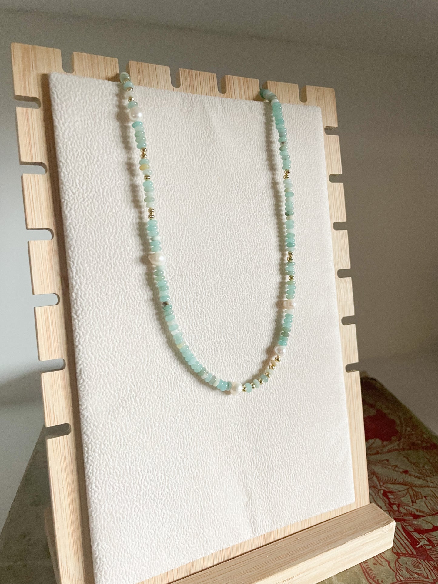 Handmade Green Amazonite Rondell Beaded Chain Necklace with Fresh Water Pearl