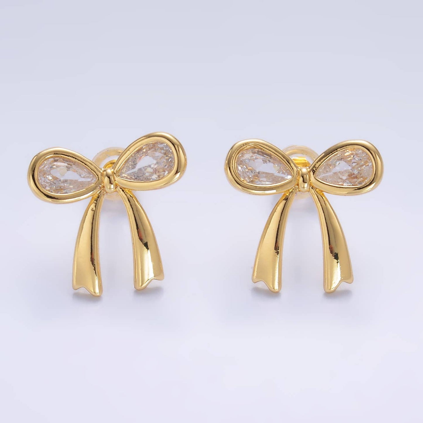 Gold Bow Stud Earring CZ Ribbon