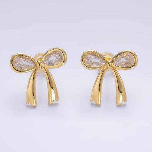 Gold Bow Stud Earring CZ Ribbon