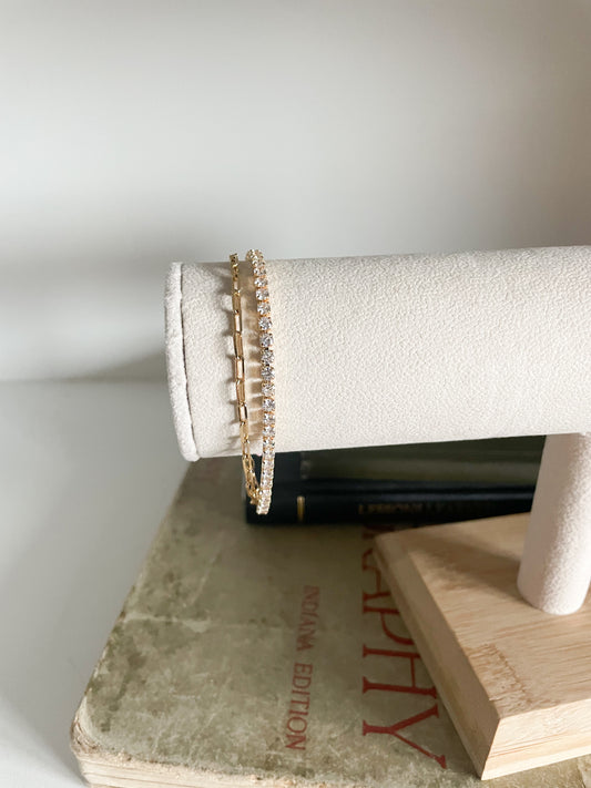 18K Gold Filled Stacked Paperclip Chain CZ Stones Bracelet