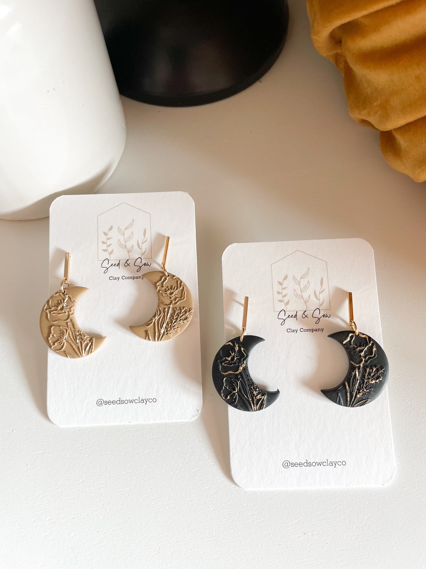Floral Embossed Crescent Moon with Gold Detail (Black or Tan)
