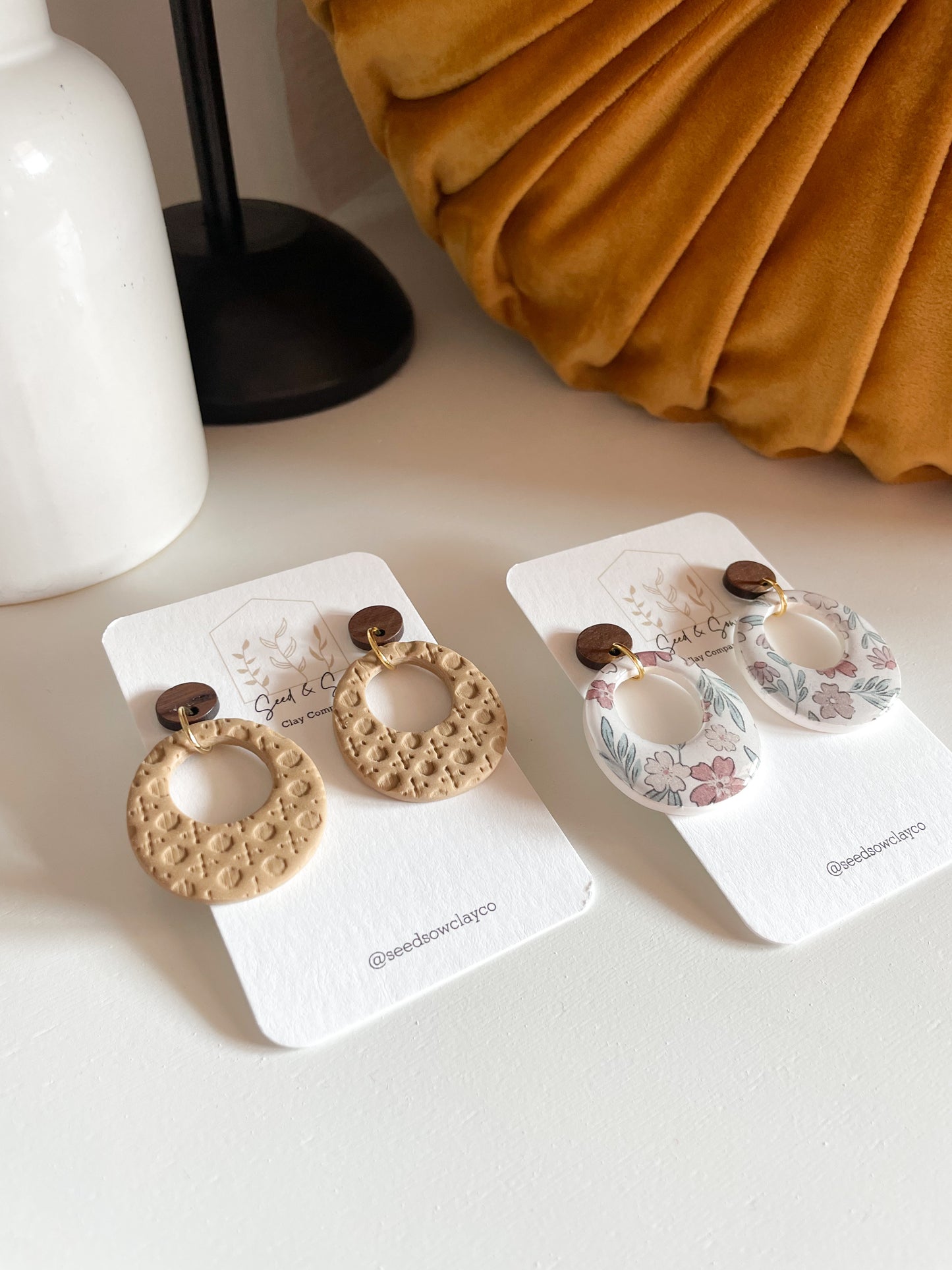 Donut Dangle Wicker Tan and Neutral Floral Print on Wood Post