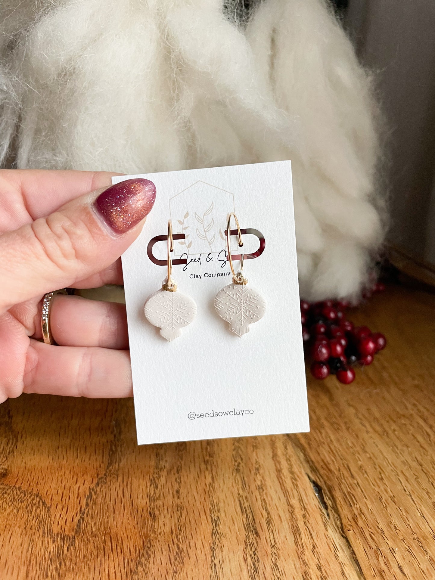 Neutral Ornament with Snowflake emboss on Gold Hoop