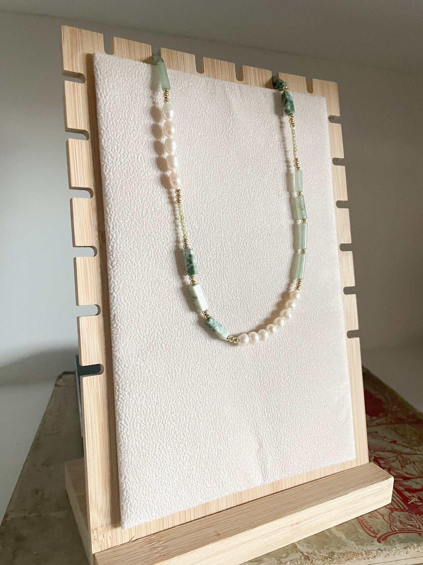 Handmade Green Jade Bead Chain Necklace with Freshwater Pearl