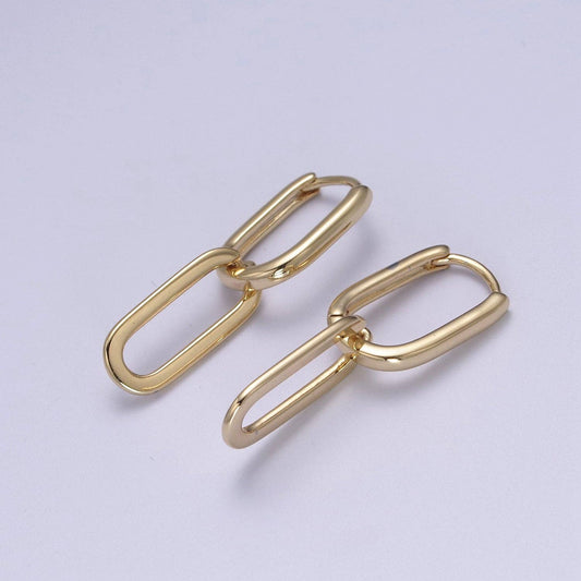 14K Gold Filled Oval Hoop Chunky Earrings With Dangle Link Chain Rectangular Hoop Earrings, Geometric Hoops T-295